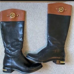 Michael Kors Black and Tan Leather Tall Riding Boots with Gold Accent